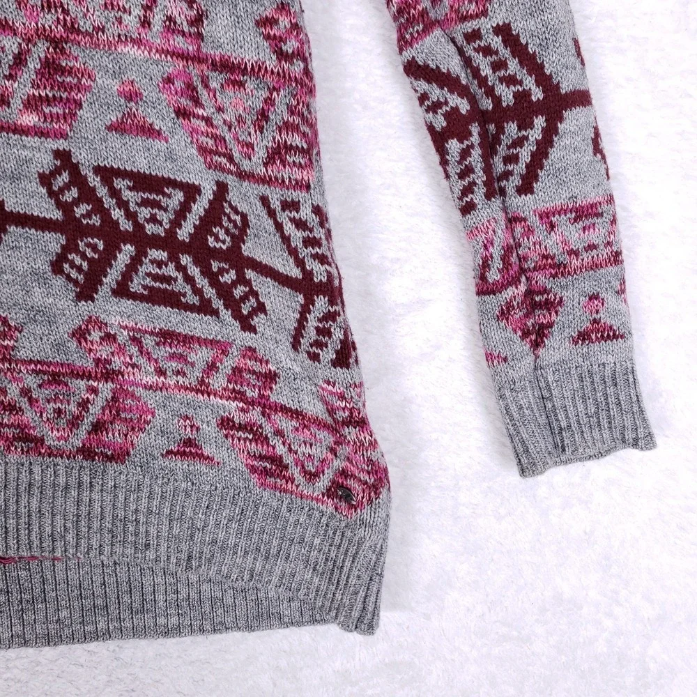 American Eagle‎ Womens Hooded Sweater Small Gray Burgundy Boho Casual